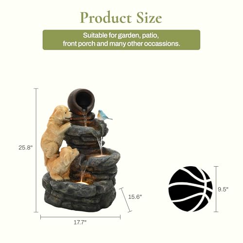 LuxenHome Outdoor Water Fountain, 26 Inch Puppy and Rock Resin Water Fountains Indoor with LED Lights, Farmhouse Waterfall Outdoor, Indoor Fountains and Waterfalls for Patio, Garden Decor - color: Brown/Blue