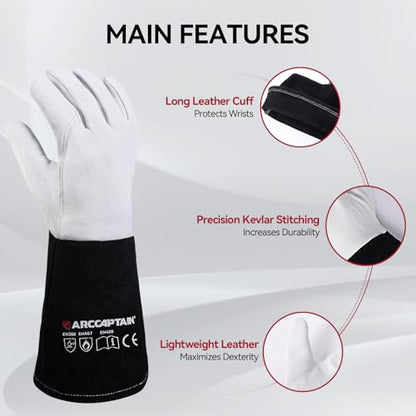 ARCCAPTAIN Soft Goat Grain TIG Welding Gloves with High Dexterity, 4-Inch Extended Cuff, Comfortable TIG Gloves with Reinforced Seams, XL - size: X-Large