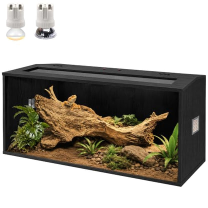Bearded Dragon Tank, Reptile Enclosure, Tempered Glass Lizard Tank, Bearded Dragon Enclosure with Built-in Lamp Fixture and Wooden Roof for Chameleon (32x16x16 Inch, Black) - color: Black, size: 35 gallons