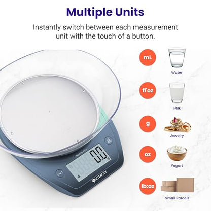 Etekcity 0.1g Food Scale, Bowl, Digital Grams and Ounces for Weight Loss, Dieting, Baking, Cooking, and Meal Prep, 11lb/5kg, Stainless Steel Prussian Blue | 11lb/5kg capacity with tare, removable bowl, ideal for baking, meal prep and portion control, Stai