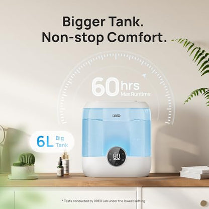 DREO 6L Humidifiers for Bedroom, 60H Runtime, 28 dB Quiet, HM524, Blue | Precise Humidity Control, Easy to Refill & Clean, Nightlight, Cool Mist Humidifiers for Large Rooms, Baby Nurseries & Plants | Precise Humidity Control, Easy to Refill & Clean, Night