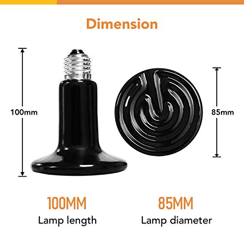 Simple Deluxe 100W 2-Pack Ceramic Reptile Heat Lamp Heat Emitter Bulb No Light Emitting Brooder Coop Heater for Amphibian Pet & Incubating Chicken, Black - size: 100W *2, style: D-85mm