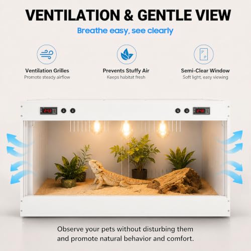 Reptile Tank PVC Enclosure with Dual-Zone Temp Control, White | Reptile Tank PVC Terrarium with Viewing Window, Ventilation Grilles, E27 Lamp Support, for Bearded Dragon Snake Turtle Gecko