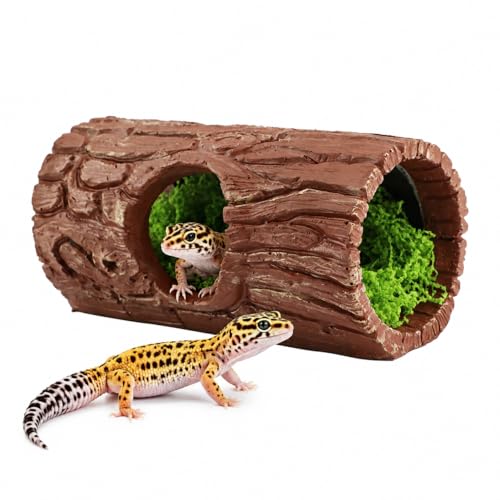 Reptile Hide Cave, Resin Hollow Tree Trunk Hideout with Faux Moss Set, Reptile & Amphibian Habitat Hideouts, for Arboreal Reptiles, Hermit Crabs, Leopard Gecko, Lizard Terrarium Decor