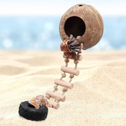 Hermit Crab Climbing Toy, Natural Coconut Reptile Hideout with Ladder, Hanging Coconut Reptile House, Cage or Tank Cave Habitat Accessories, Suitable for Gecko Snake Lizard Chameleon Hermit Crab