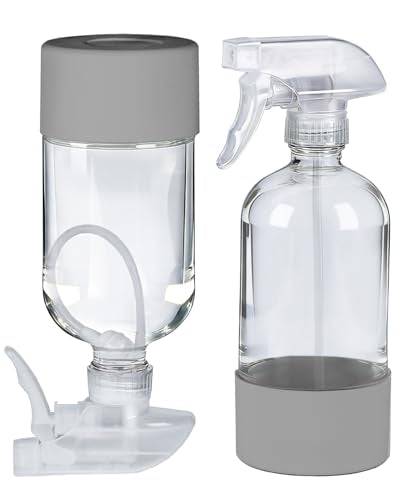 2 Pack 360° Glass Spray Bottles with Silicone Sleeve Grey | 360° Inverted Spray Nozzle, Gravity Ball Designed for Cleaning Crack & Crevice, Leak-proof and Pressure-Resistant Design - color: Grey