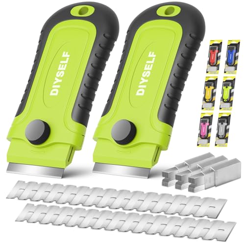 DIYSELF 2 Pack Razor Blade Scraper Tool with 30 Blades, Razor Blade Scraper | Razor Scraper Tools for Cooktops, Oven Glass, Windows, Tile and Metal, Paint Scrapers with Built-In Blade Storage - color: Green, size: 2 Pack