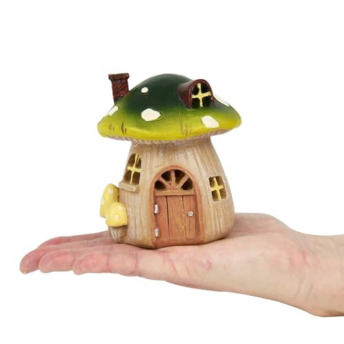 Miniature Fairy Garden Mushroom House – Resin Fairy House Statue with LED Light, Cute Mushroom Decor for Patio, Tiny Home Terrarium or Outdoor Yard Decor - Miniature Figurines and Garden Accessories