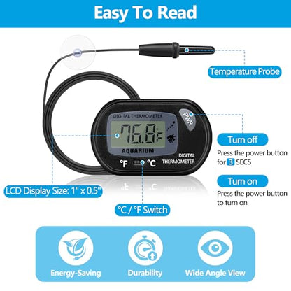 DaToo Aquarium Thermometer with Large LCD Display Fahrenheit/Celsius(℉/℃) Fish Tank Thermometer for Aquarium Reptile Terrarium Digital Water Thermometer with Suction Cup(2 Pack) - size: 2 Pack