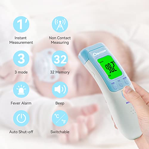 Berrcom Infrared Forehead Thermometer for Adults and Kids | Non-contact digital thermometer with fever alert, LCD, touchless for home, fast & accurate - color: Light Blue