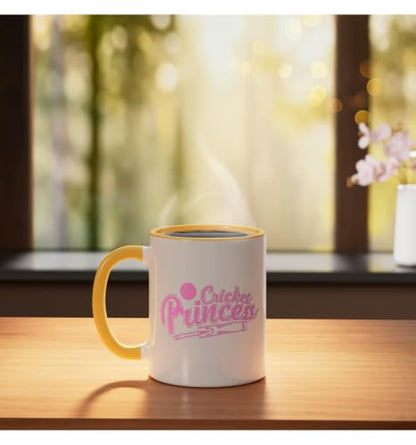 Cricket Princess Ball Sport Hobby Team Ceramic Mug, Yellow/White, 11oz - color: Yellow/White, size: 11 Ounces