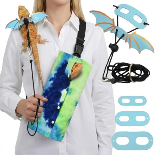 Bearded Dragon Carrier Sling & Bat Wing Leash Harness Set, Soft Flannel Reptile Travel Bag with 3 Size Chest Pads, Adjustable Outdoor Walking Accessories for Lizards Geckos (Blue) - color: Blue