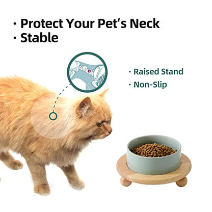 Havniva Raised Cat Bowl 5.1” Elevated Ceramic Cat Food and Water Bowl | Cat Bowls Elevated, Whisker Friendly Cat Bowl, Non-Slip Wood Stand, Food-Grade Ceramic, Wide Opening, Dishwasher Safe - color: Light Green, size: Bowl+Tray - 5.1"