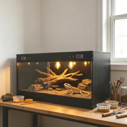 Reptile Enclosure 39.4" x 19.7" x 19.7", PVC Terrarium with Dual Digital Thermostats 32-210℉ for Bearded Dragon Snake Turtle, Black