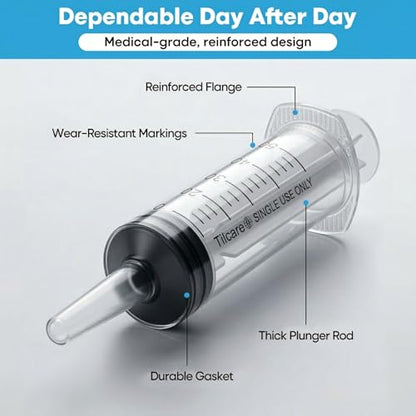 60ml Catheter Tip Syringe with Covers 5 Pack by Tilcare - Sterile Plastic Medicine Food Droppers for Children, Pets or Adults – Latex-Free Oral Medication Dispenser - Large Feeding Tube Syringes
