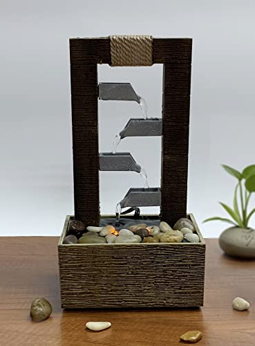 Nature's Mark 10" H 4 Tiered Cascading Tabletop Water Fountain with Natural River Rocks and LED Lights (Power Cord Attached)