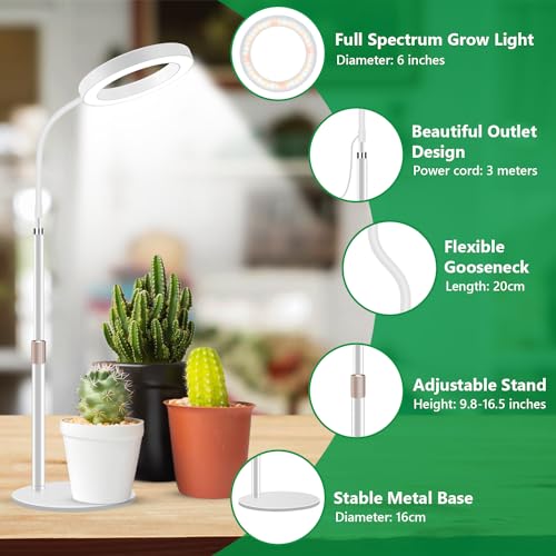 Aumtrly Desk Grow Light Full Spectrum with Base for Indoor Plants Growing | 80 LED, White Halo Design, 24.5-inch Height Adjustable, 6/12/16H Timer, 5 Dimming Levels, 3 Light Modes, Flexible Gooseneck - size: 1 head 24.5inch/white