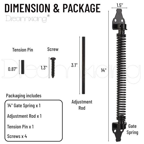 14" Gate Spring Self Closing Heavy Duty Outdoor Door Spring Automatic Fence Gate Closure Hardware Spring Loaded Gate Latch with Adjustable Tool for Wooden and Vinyl Fence, Black (1 Pack) - size: 14 Inch