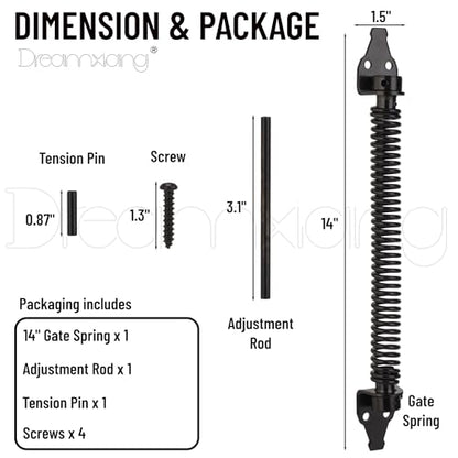 14" Gate Spring Self Closing Heavy Duty Outdoor Door Spring Automatic Fence Gate Closure Hardware Spring Loaded Gate Latch with Adjustable Tool for Wooden and Vinyl Fence, Black (1 Pack) - size: 14 Inch