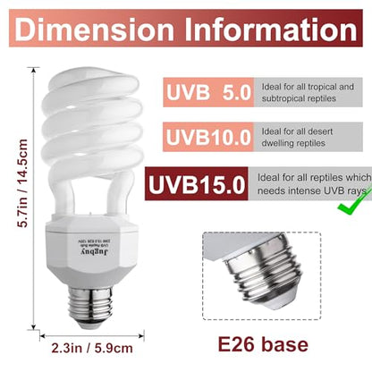 UVB Reptile Light Bulb 15.0, 23W UV Spiral Compact Florescent Terrarium Lamp Ideal for Desert Reptiles & Amphibians Frogs Tortoises Toads Chameleons - 2 Pack - size: UVB15.0