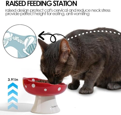 4PCS Multi-Color Mushroom Cat Bowl Set, Elevated Ceramic Bowls for Cats | Multi-Color, Cute, Elevated, Ceramic, Whisker Friendly, Anti Vomiting - color: Pink+Red+Yellow+Green