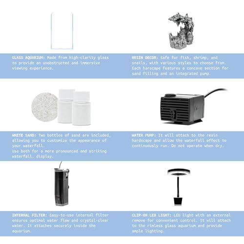 Sand Waterfall Tank Kit - Silent Operation Falling Sand Fish Tank w/LED Light and Self Cleaning Filtration - Desktop Rimless Starter Aquarium Kit, Just Add Plants - 9.51GAL | 36L (C1) - size: C1 (30CM)