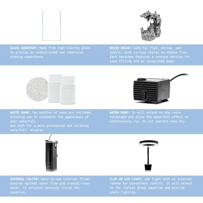 Sand Waterfall Tank Kit - Silent Operation Falling Sand Fish Tank w/LED Light and Self Cleaning Filtration - Desktop Rimless Starter Aquarium Kit, Just Add Plants - 9.51GAL | 36L (C1) - size: C1 (30CM)