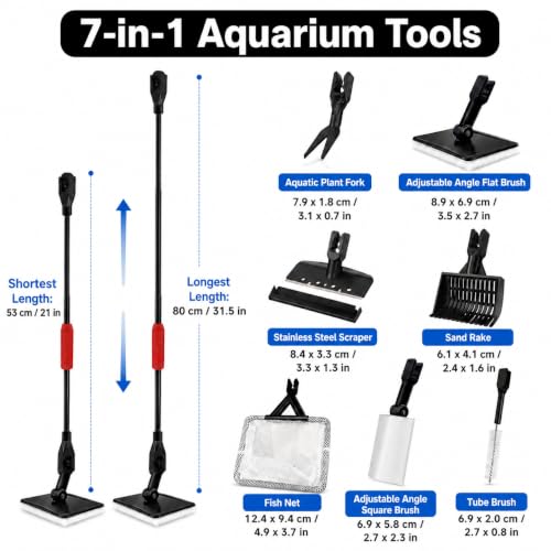 FISORAS Aquarium Cleaning Tools, 7 in 1 Fish Tank Cleaning Kit with Adjustable Long Handle,Aquarium Sponge Brush and Fish Net