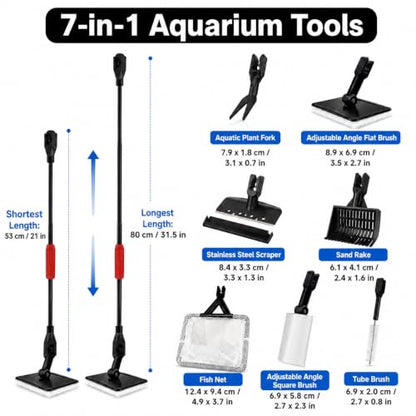 FISORAS Aquarium Cleaning Tools, 7 in 1 Fish Tank Cleaning Kit with Adjustable Long Handle,Aquarium Sponge Brush and Fish Net