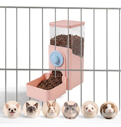 41 oz Hanging Gravity Feeder for Small Animals, Rabbits & Guinea Pigs | Adjustable Cage Height | No-Open-Cage Refill | Space-Saving | Clear Reservoir | Versatile Food Compatibility - color: Pink
