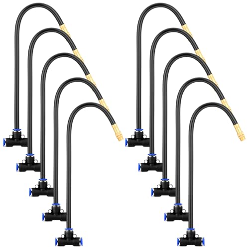 Zonon 10 Pcs Brass Misting Nozzles Tee with 12" Built in Hose for 0.32"/8 mm Tubing 360 Degree Rotation Adjustable Water Mister Nozzle Thread Sprayer Misting Part Accessories for Patio Outdoor Cooling - size: 12 Inch