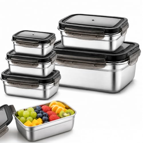 Stainless Steel Food Storage Containers 18/8 Grade 5-Pack Black Clear Lids | Leakproof & airtight seal lids, safe for dishwasher & freezer use, durable reusable food storage containers - color: Black, size: Large