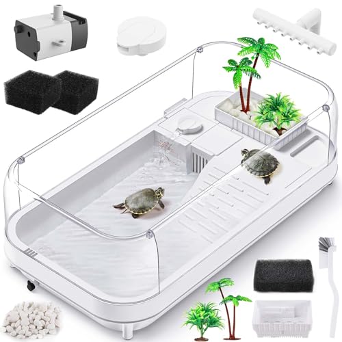 Moonorange Large Turtle Tank with Water Pump, Acrylic Turtle Tank Starter Kit with Heightened and Curved Fences, Multi-Function Areas, Bottom Drainage - color: White (Large Tank)