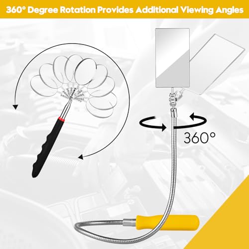 Telescoping & Bendable Inspection Mirror – Round & Square Heads, Black/Yellow | 360° Swivel Neck, Telescoping & Bendable Handles, Metal & Glass Build, for Dead Angles & Tight Spots - color: Yellow/Black
