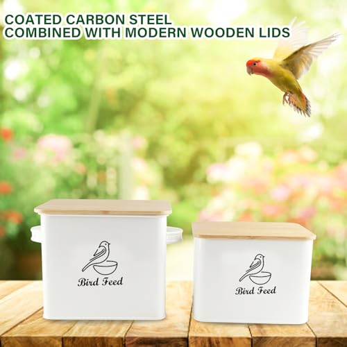 Bird Seed Storage Container Set of 2,10LB Bird Food Container-White | Metal Bird Seed Container with Bamboo Lids, Airtight Wild Bird Seed Tin for Storing Sunflower Seed-Squirrel proof - color: White(Bird Feed)