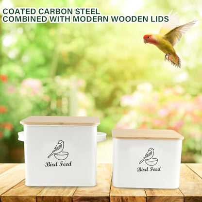 Bird Seed Storage Container Set of 2,10LB Bird Food Container-White | Metal Bird Seed Container with Bamboo Lids, Airtight Wild Bird Seed Tin for Storing Sunflower Seed-Squirrel proof - color: White(Bird Feed)