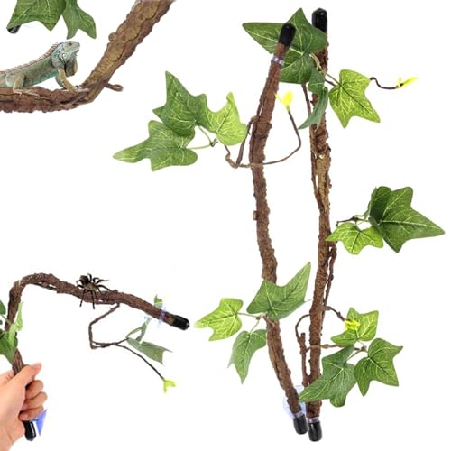 Reptile Branch 2PCS 17 Inch Realistic Reptile Vines with Leaves and Suction Cup Bendable Fake Terrarium Branches for Reptiles Tank Accessories for Snake Lizard Bearded Dragons Gecko Climbing