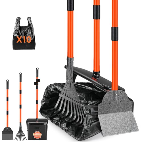 SlowTon Dog Pooper Scooper, 37.4" Long Handle Poop Scoop for Large Dogs | Adjustable, Portable, Non Breakable, with 10 Waste Bags, Swivel Large Bin & Rake & Spade Kit, for Gravel Lawn Grass - color: Orange, size: Large 5L Bin+10 Waste Bag