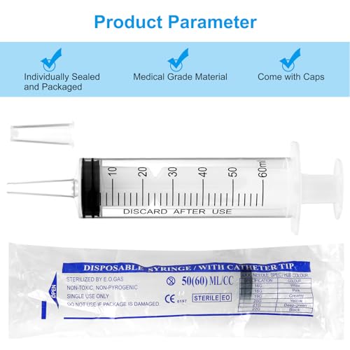 3 Pack 60ml Syringes with Cap, Sterile Syringe Individually Packaged for Labs, Liquid Measuring, Feeding Pets,Oil or Glue Applicator - style: 60ml