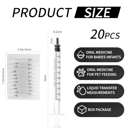 20 Pack 1ml Syringe for Liquid, 1cc Plastic Small Syringes for Scientific Labs, Measuring Liquids, Feeding Pets, Medical Student, Oil or Glue Applicator, Non-Sterile, No Needle - size: 1ml Syringes-20pcs