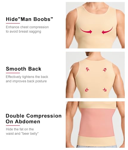 Gotoly Men's Compression Shirt Shapewear Slimming Body Shaper Vest | Man boobs slimming, double-layer tummy control, seamless round neck, invisible under fitted tees, 4-way stretch fabric - color: Beige, size: XX-Large