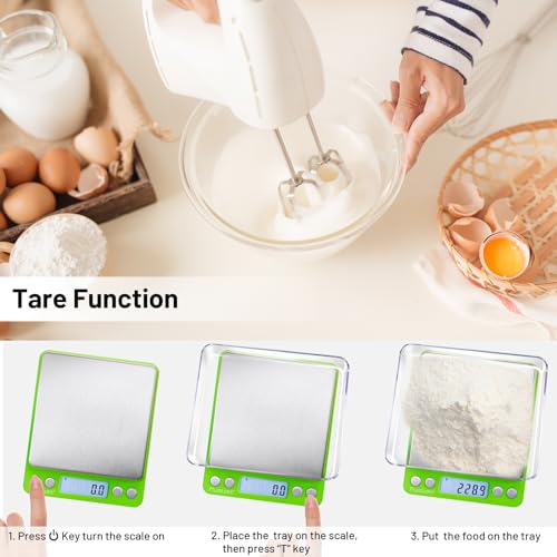 Fuzion Small Gram Scale 3000g, Digital Kitchen Food Scale, Gram and Ounce | 0.1g Accuracy, 6 Modes, 2 Trays Included, Tare Function, Piece Counting, For Food, Coffee, Cooking, Herb, Reptiles, Coins - color: Green