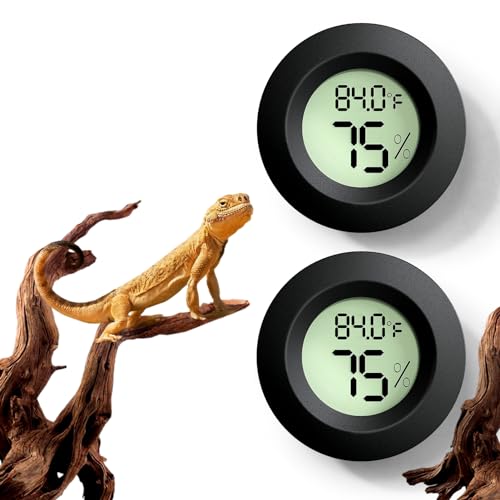 Reptile Tank Accessories, 2 PCS Reptile Thermometer and Humidity Gauge for Bearded Dragon, Jumping Spider, Leopard Gecko, Hermit Crab, Gecko, Ball Python, Lizard - color: Black Round