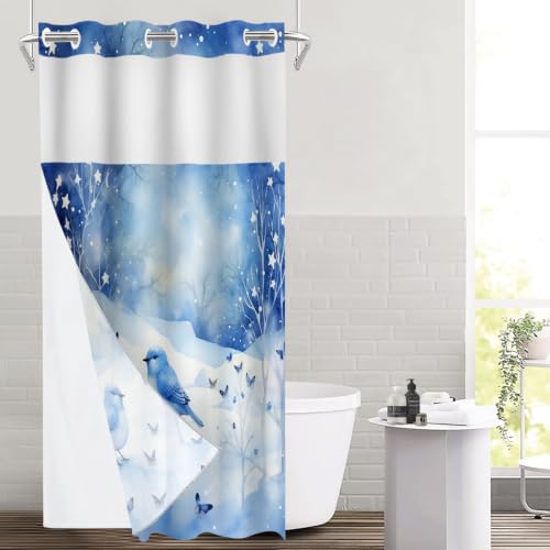 Bird Snowflake Watercolor No Hooks Shower Curtain with Snap in Liner Set, Butterfly Stars Tree Branches Tub Curtainn Mesh Top Window & Magnetic Hem Waterproof 35.5X74 Inch - color: Bird Snowflake Watercolor Blue 1, size: 35.4"W x 74"L (Pack of 1)