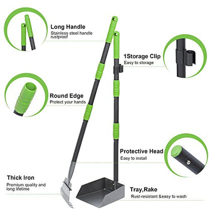 Pooper Scooper for Dogs, Metal Poop Scooper Tray and Rake Set with Adjustable Long Handle, Dog Pooper Scooper for Pet Waste Removal - color: Black & Green