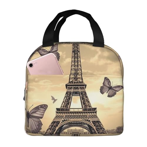 Insulated Lunch Bag Eiffel Tower Flowers and Butterflies Lunch Box for Women Men Reusable Leakproof Lunch Cooler Bag for Office Picnic - color: Eiffel Tower Flowers And Butterflies