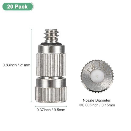 M METERXITY 20-Pack Brass Misting Nozzles, 0.006"/0.15mm Orifice Mister Nozzles Brass, High Pressure Spray Misting Nozzle Head for Outdoor Cooling System/Greenhouse/Landscaping [3/16] - size: 0.15mm