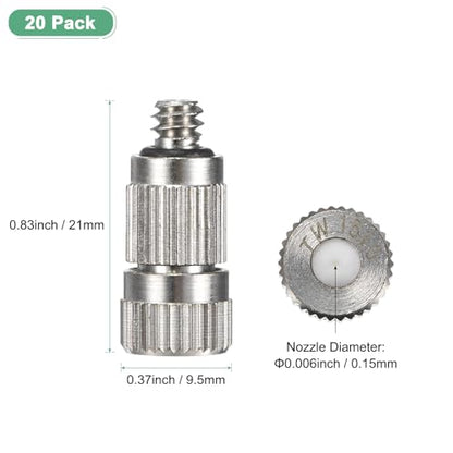 M METERXITY 20-Pack Brass Misting Nozzles, 0.006"/0.15mm Orifice Mister Nozzles Brass, High Pressure Spray Misting Nozzle Head for Outdoor Cooling System/Greenhouse/Landscaping [3/16] - size: 0.15mm