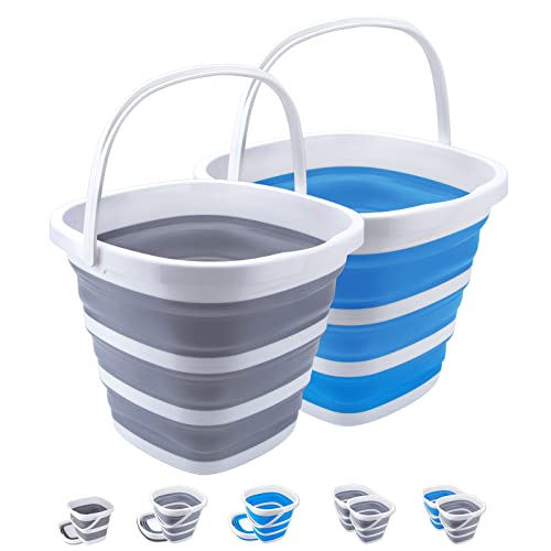 2 Pack Collapsible Buckets 10L 2.6 Gallon Cleaning Bucket Mop Bucket Folding Foldable Portable Small Plastic Water Supplies for Outdoor Garden Camping Fishing Car Wash Space Saving Square Grey Blue - color: 2 Pack - Blue+grey - 10l