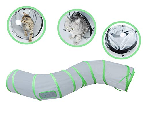 PetLike S Way Cat Tunnel Collapsible Pop-up Pet Tube Hideaway Play Toy with Ball (S-Way, Grey and Green) - color: Grey and Green, size: S-Way